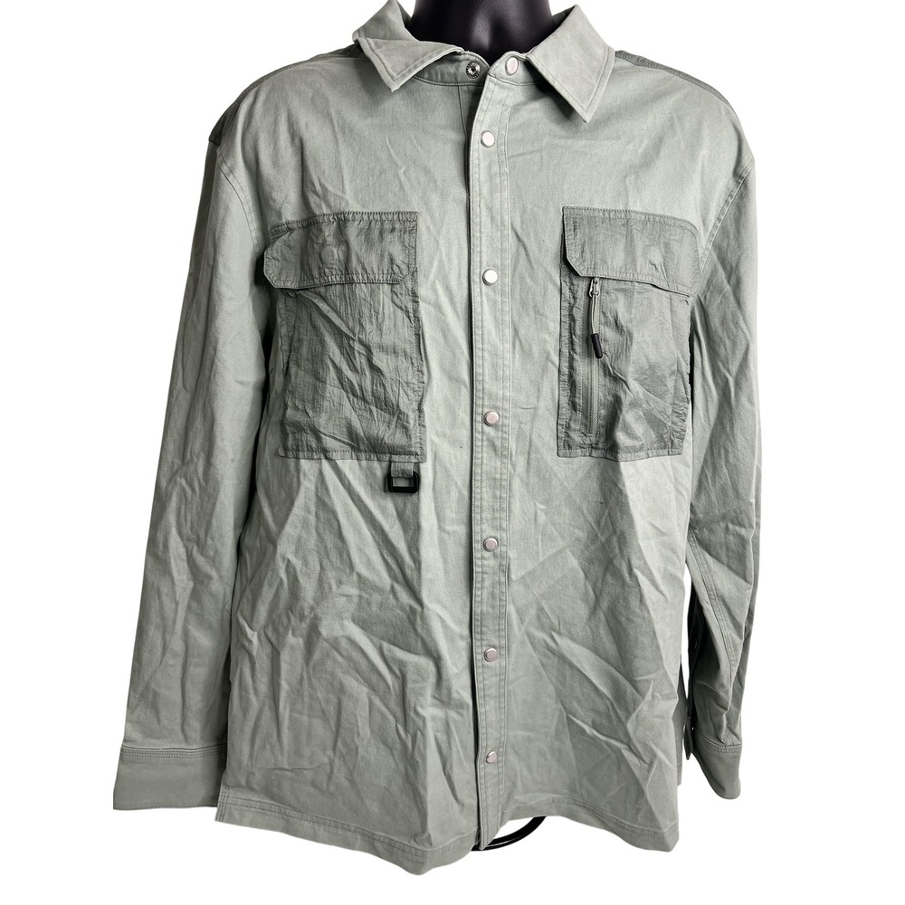 BASS Outdoor Shirt Mens Large Green Snap Front Utility Fishing‎ Hiking Travel